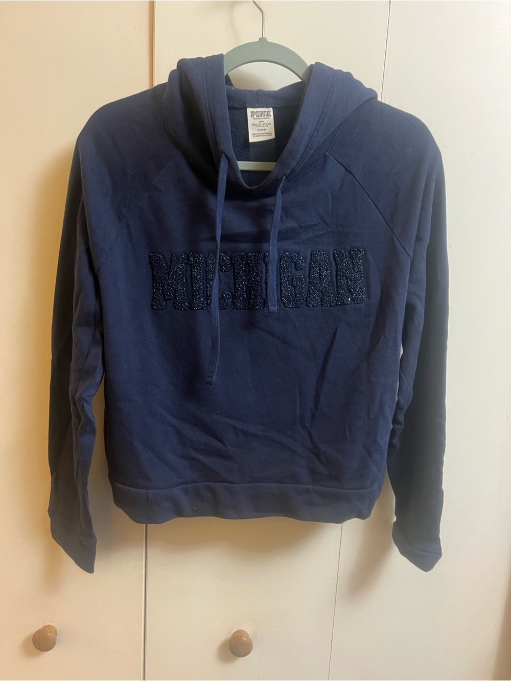 PINK Victoria's Secret Navy Crewneck Hoodie with Glitter 'MICHIGAN'